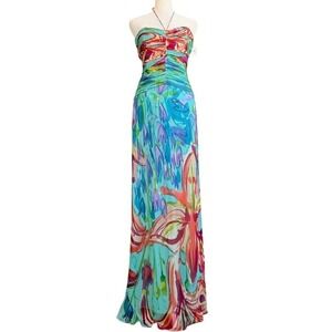 David Meister Silk Gown Maxi Dress Sz 4 Corset Wedding Event Prom Floral Resort